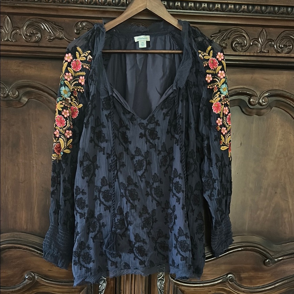 Embroidered Navy Blue Women's Top
